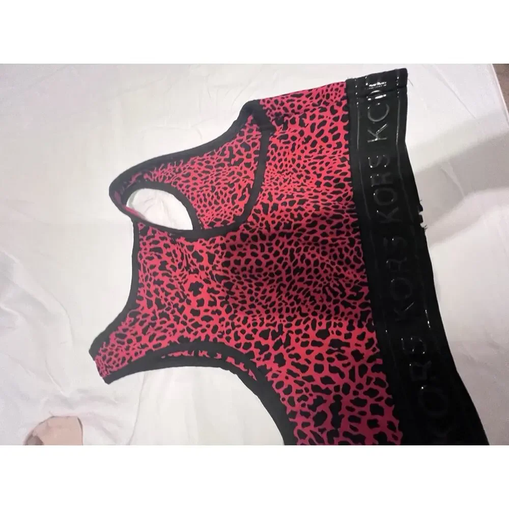 Michael Michael Kors Zip Front Racerback Animal Print Sports Bra Red Black M